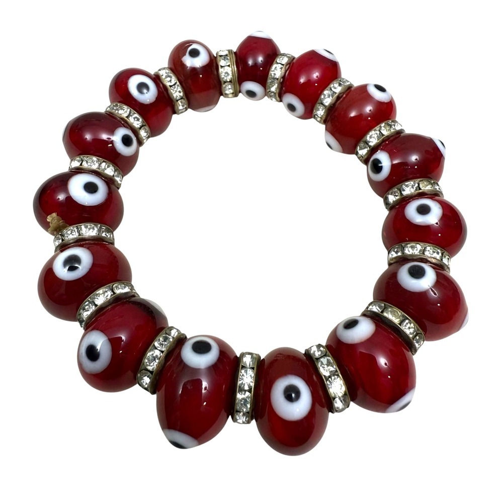 Evil Eye Bracelet Glass Lampwork Bead 10mm Stretch Good Luck Kabbalah Protection